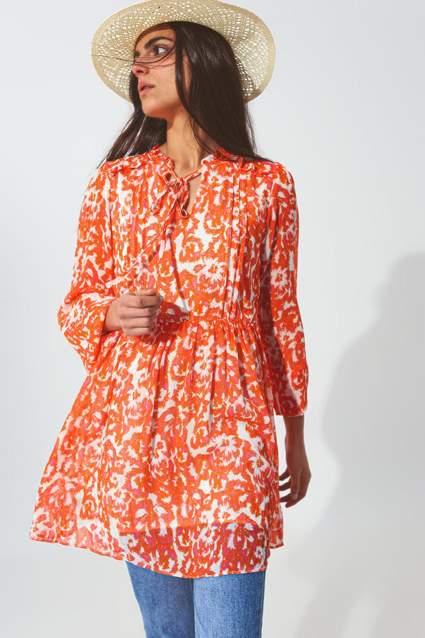 Floral Mini Dress With v Neck in Orange