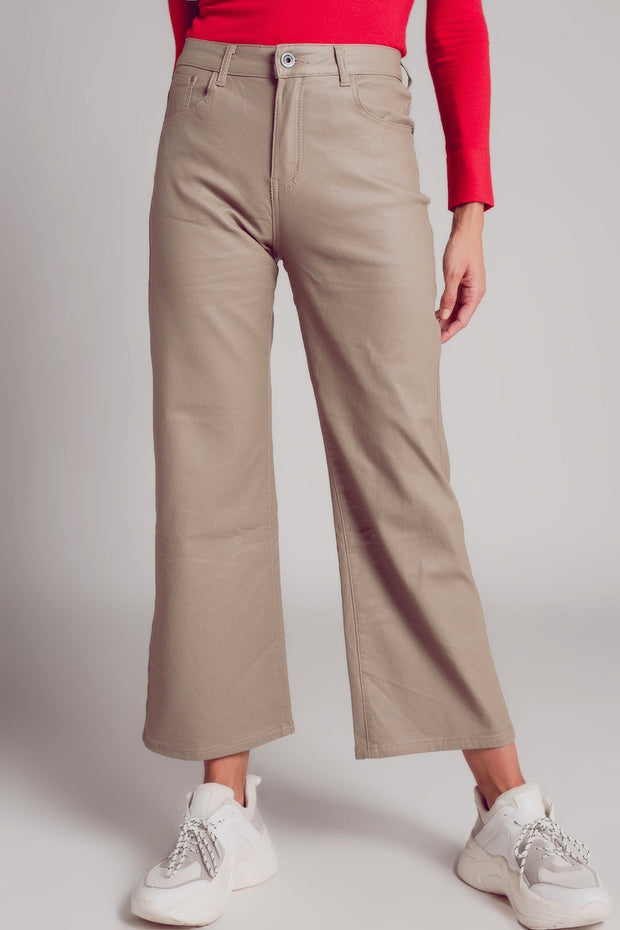 Faux Leather Wide Leg Trouser in Beige