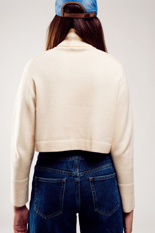 High Neck Cropped Jumper in Cream