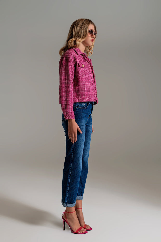Cropped Tweed Jacket With Chest Pockets in Pink