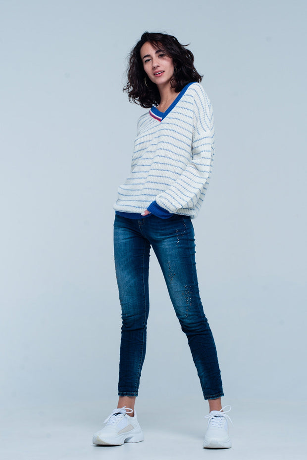 Blue Striped Sweater With V-Neck