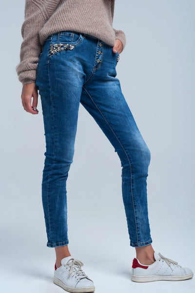 Blue Boyfriend Jeans With Pearls