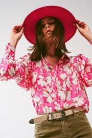 Floral Chiffon Blouse With Volume Sleeves in Pink