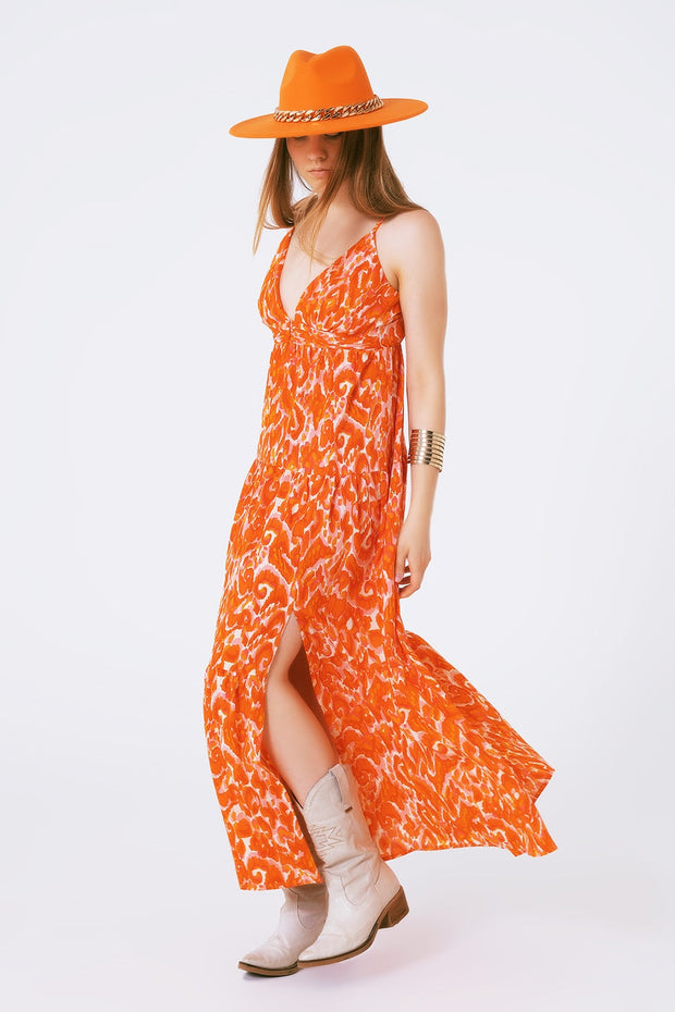 Floral Print Maxi Dress With v Neck in Orange