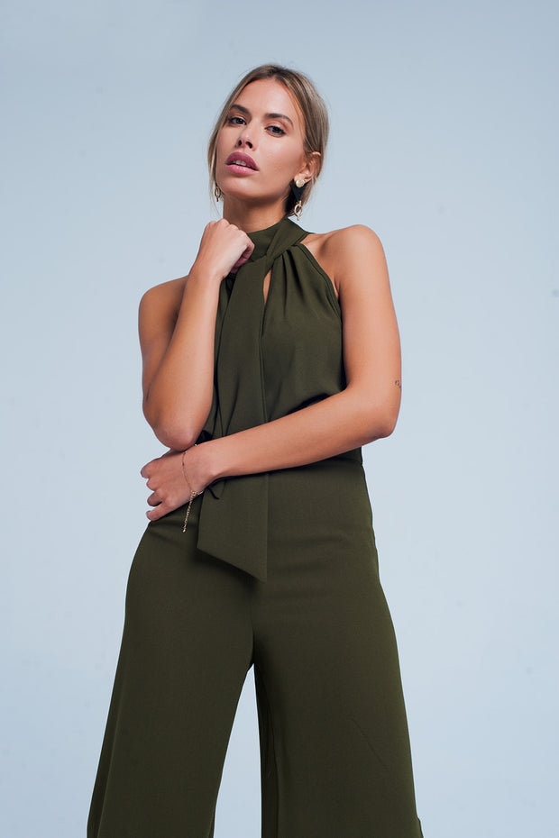 Khaki Jumpsuit With Back Bow