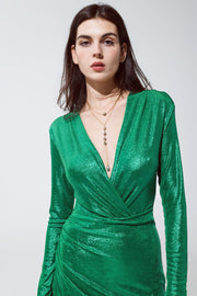 Wrapped Party Dress With Plunge Neckline in Metallic Green