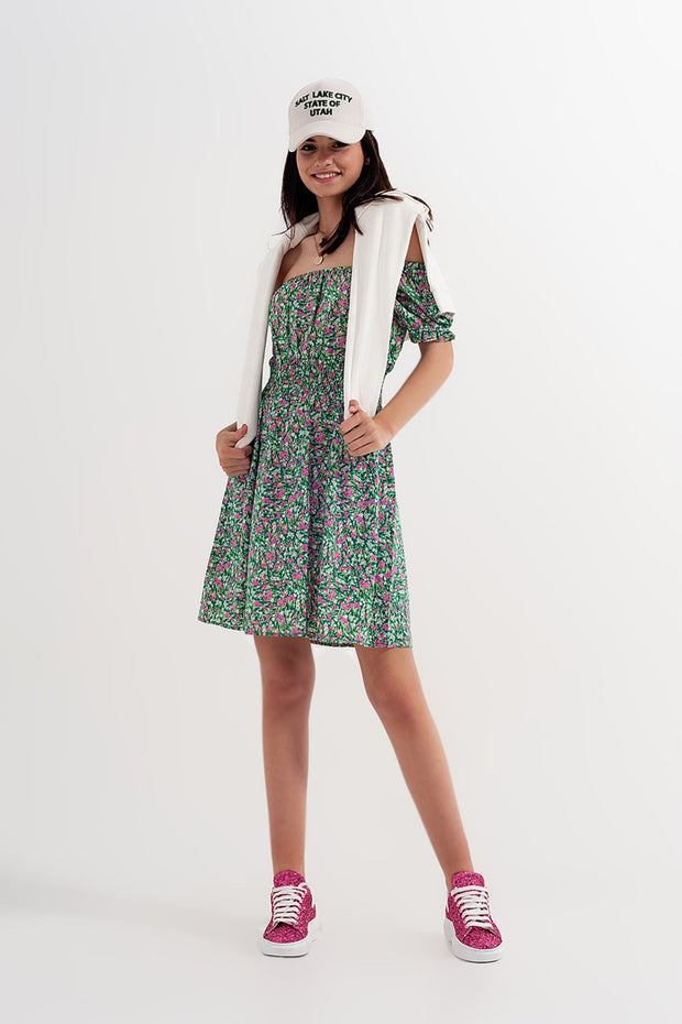 Mini Dress With Shirred Detail in Green Ditsy Floral Print