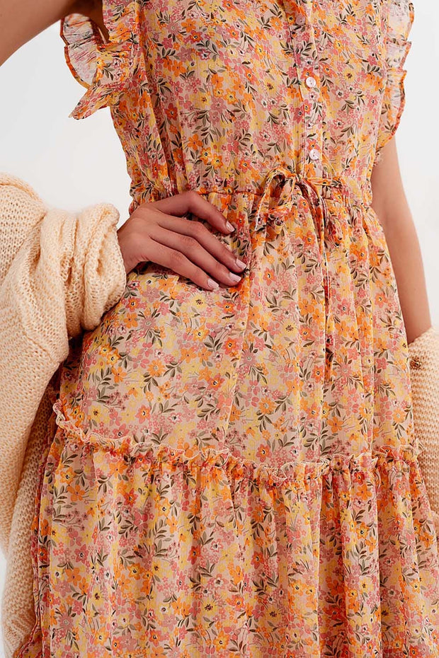 Mini Dress With Ruffle Trims in Vintage Floral in Coral