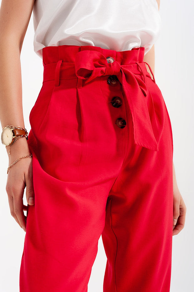 High Waist Belted Paperbag Trousers in Red