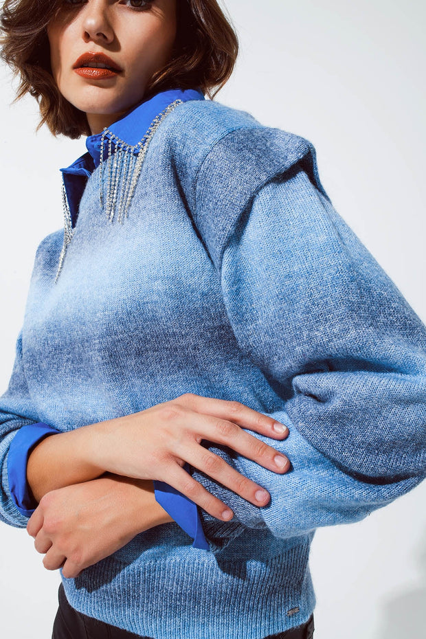 Sweater in Ombre Design Blue With Round Neck and Sleeve Details