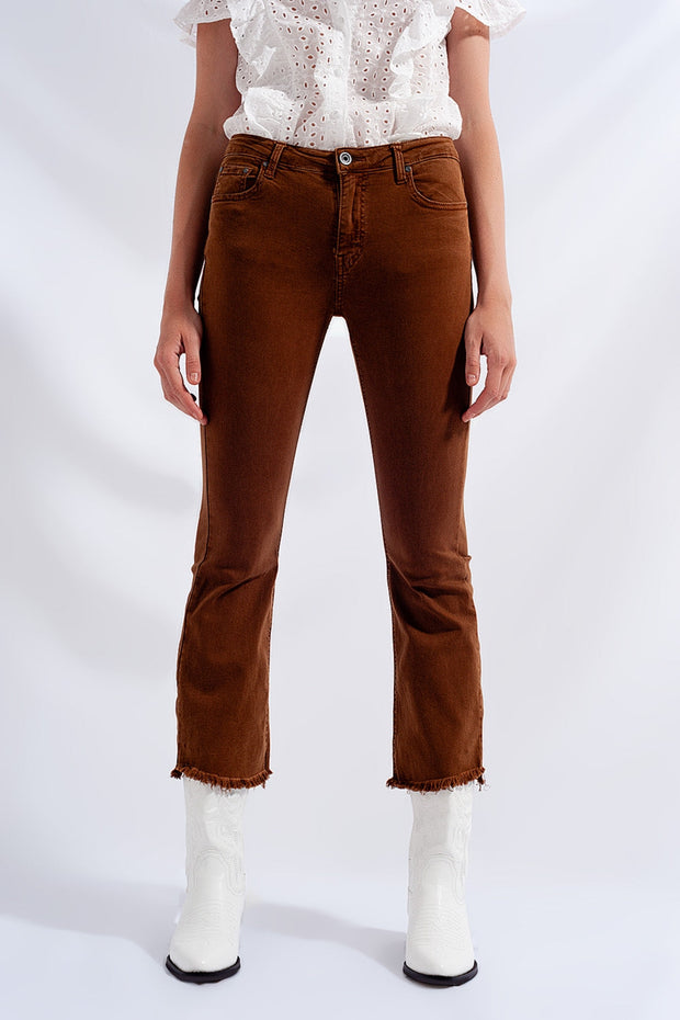 High Rise Raw Hem Flared Jeans in Brown