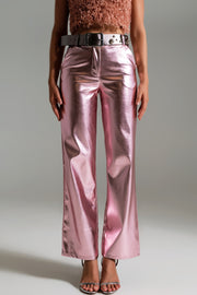 Metallic Straight Leg Pants in Pink