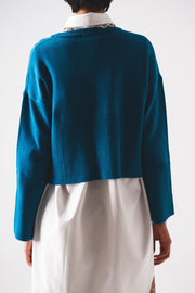 Ribbed Boat Neck Jumper in Blue