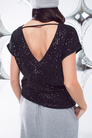 Relaxed Sequin Dress With Short Sleeves and Open Back in Black