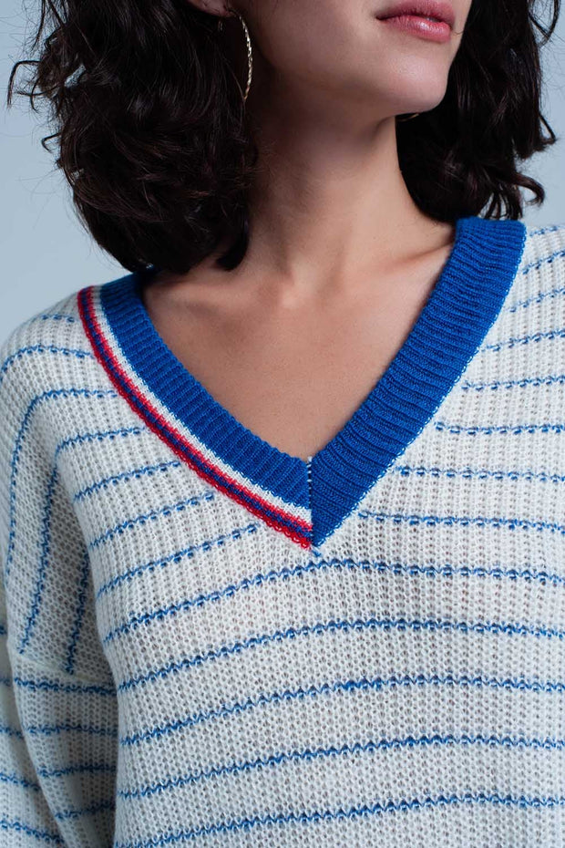 Blue Striped Sweater With V-Neck