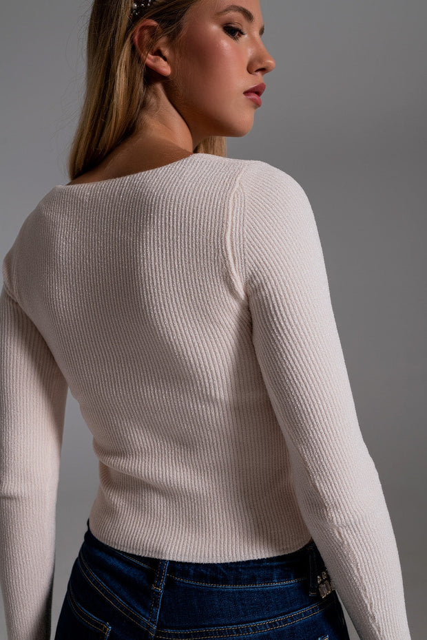 Sweetheart Neckline Chenille Sweater in Cream