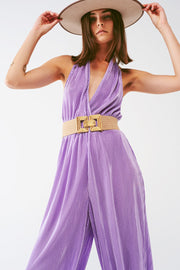 Satin Halter Neck Pleated Maxi Jumpsuit in Lilac