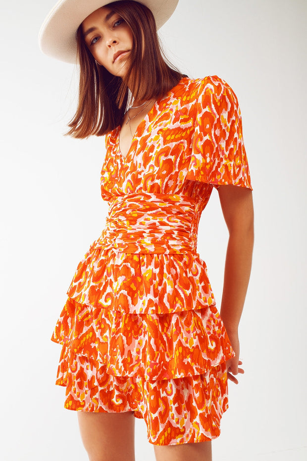 Mini v Neck Dress in Floral Orange Print