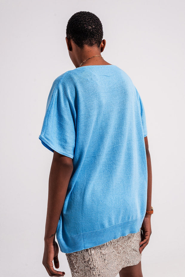 Short Sleeve Jumper With v Neck in Blue