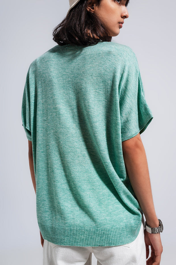 Short Sleeve Jumper in v Neck in Green