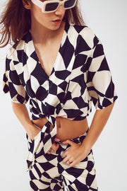 Cropped Shirt With Knot in Bauhaus Abstract Black and White Print