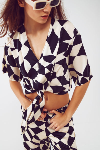 Cropped Shirt With Knot in Bauhaus Abstract Black and White Print