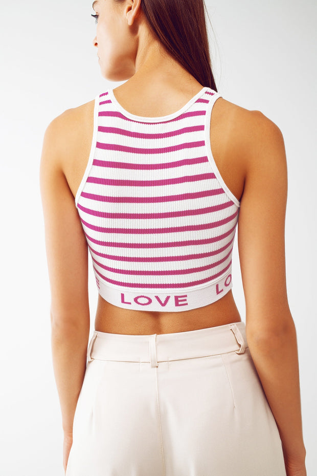 Striped Cropped Top With Love Text in Pink