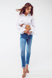 White Cropped Top With Gathered Sleeve Detail