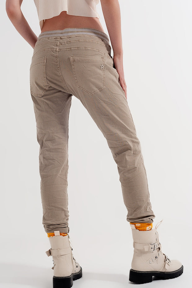 Skinny Chinos With Elastic Waist Beige