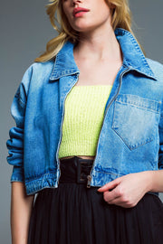 Ovesized Cropped Denim Jacket With Zip Fastening and High Collar