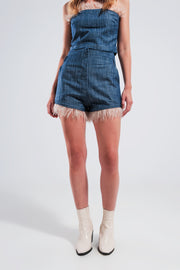 Suit Shorts With Faux Feather Hem in Blue