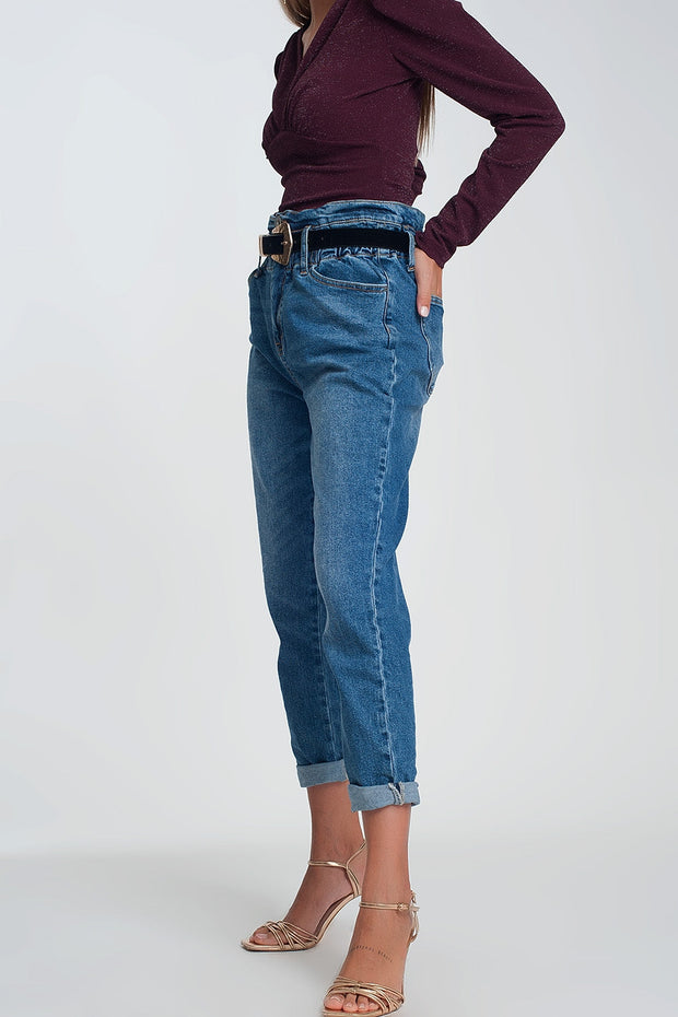 Paper Bag Waist Mom Jean in Dark Wash Blue