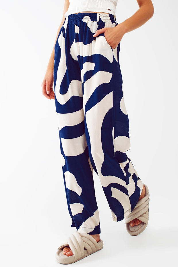 Relaxed Wide Leg Pants in Blue Abstract Print