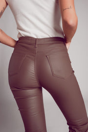 Stretch Faux Leather Flare Pants in Beige