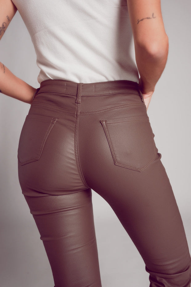 Stretch Faux Leather Flare Pants in Beige