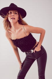 Faux Feather Crop Cami in Black