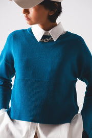 Ribbed Boat Neck Jumper in Blue