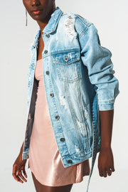 Distressed Denim Jacket With Belt in Light Wash