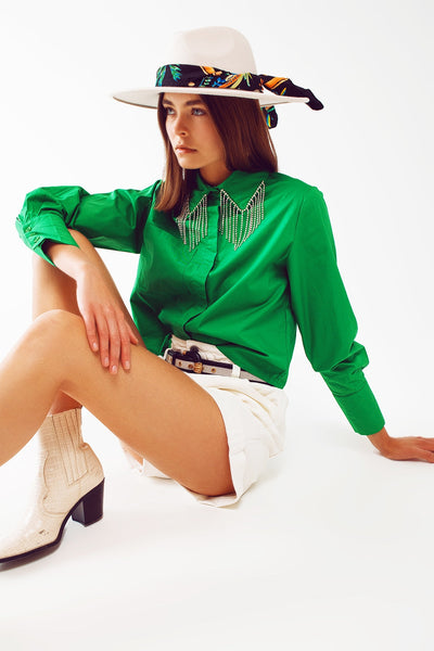 Shirt With Fringe Strass Collar in Green