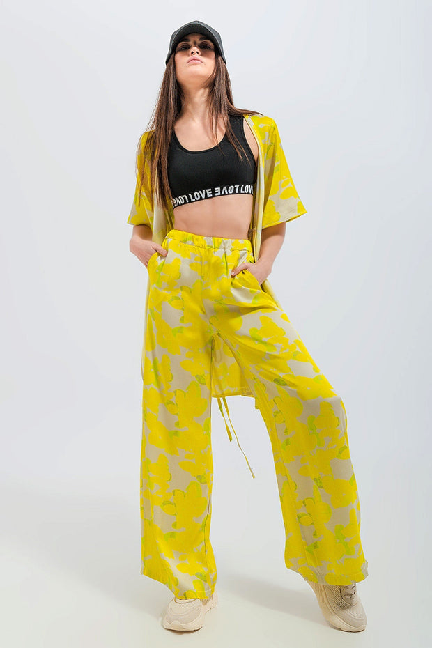 Wide Leg Trousers in Yellow Floral