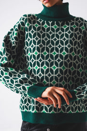 High Neck Jumper in Geo Pattern in Green