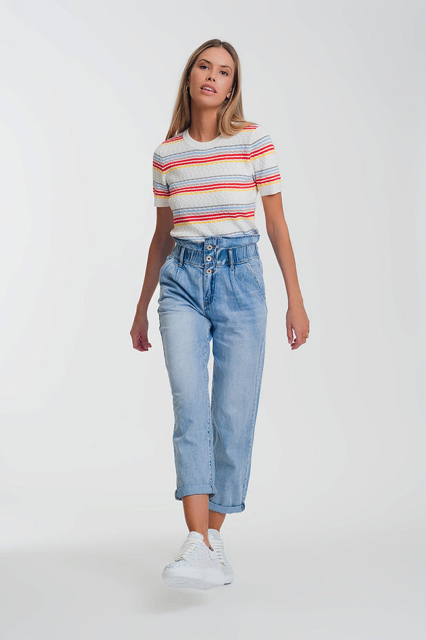 Light Denim Straight Jeans With Big Waistband Detail