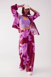 Satin Shirt in Fuchsia With Large Floral Print