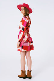 Wrap Short Abstract Print Dress in Fuxia