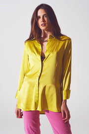 Satin Shirt With Split Cuff in Lime Green