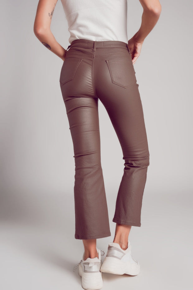 Stretch Faux Leather Flare Pants in Beige