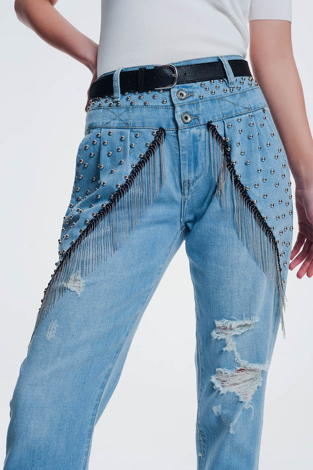 Vintage Ripped Straight Jeans With Studs and Chains