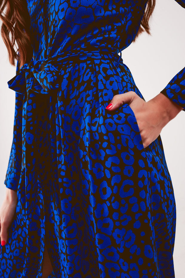 Belted Maxi Shirt Dress in Blue Animal Print