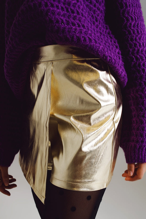 Metallic Skort With Wrap Front in Gold