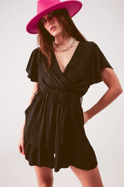 Wrap Front Frill Hem Jumpsuit in Black